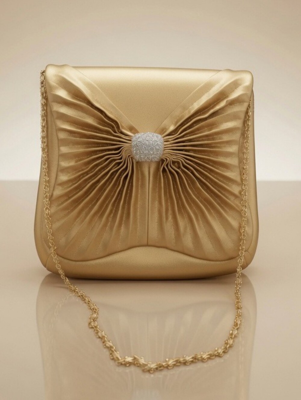 Elegant Champagne Satin Pleated Evening Bag with Crystal Accent